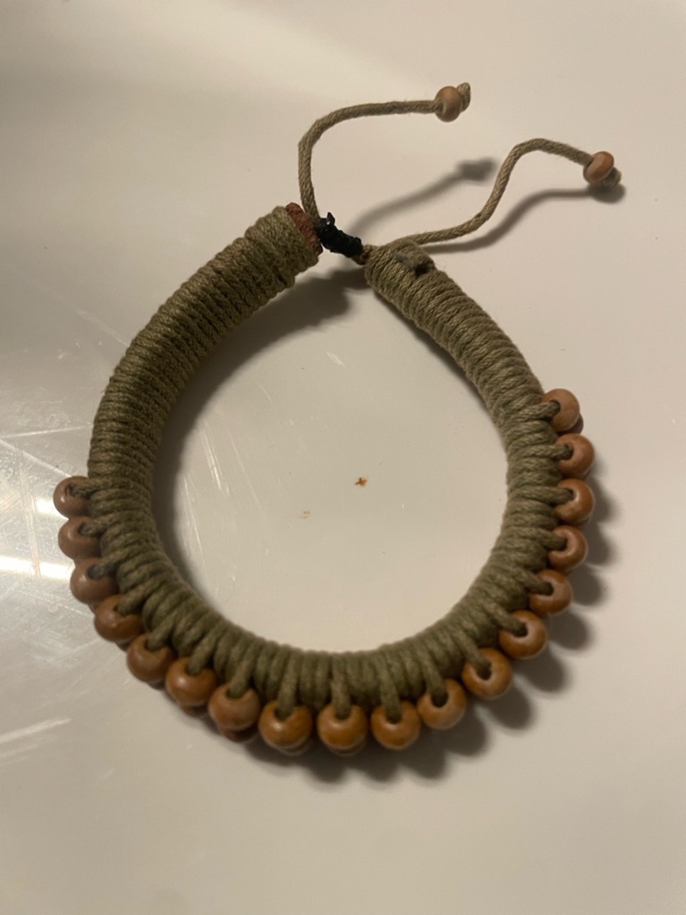 Handwoven Olive Green Cord Bracelet with Wooden Beads